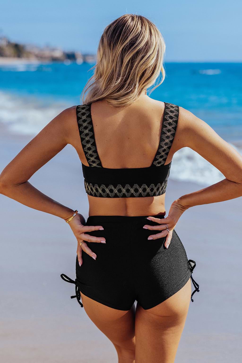 Black V-Neck Bikini Top & High-Waisted Retro Bottoms Set