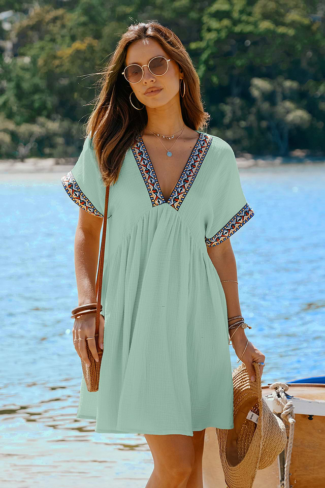 Aqua Plunging Short Sleeve Mini Dress