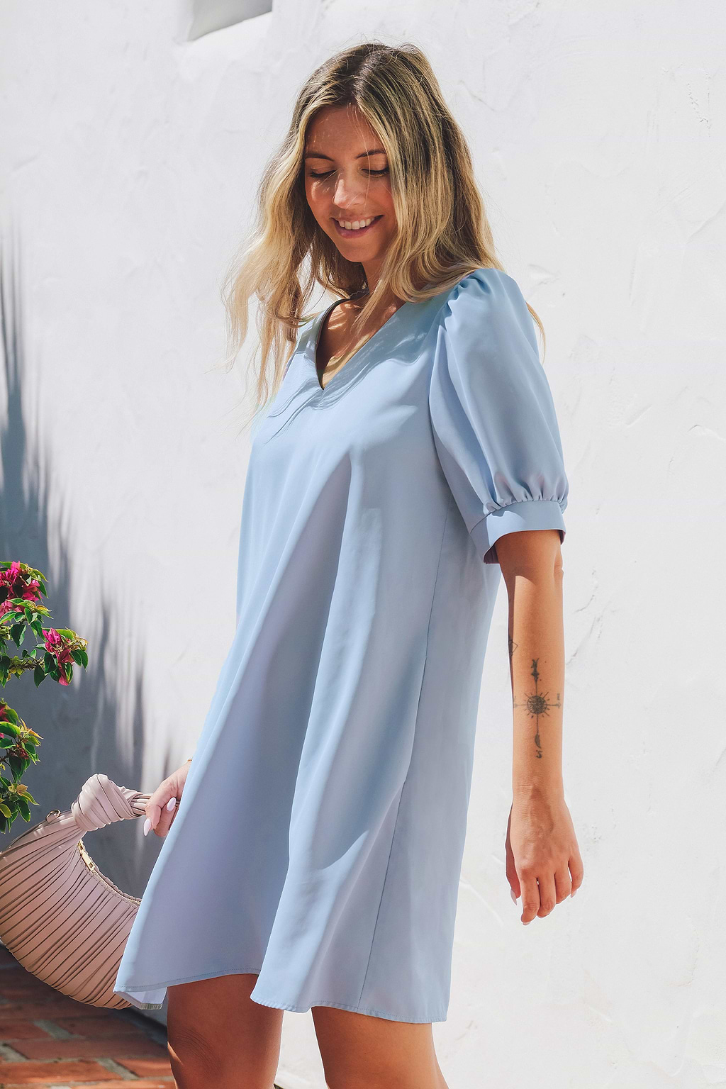 Soft Blue V-Neck Puff Sleeve Mini Dress