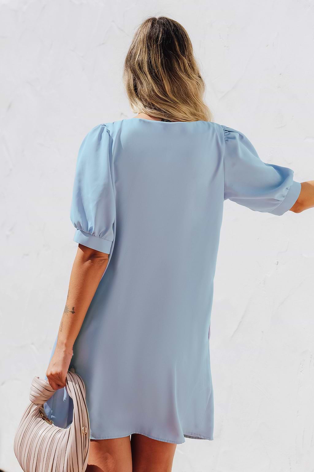 Soft Blue V-Neck Puff Sleeve Mini Dress