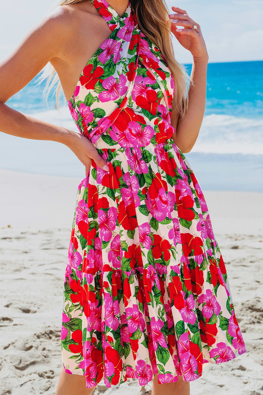 Pink & Red Floral Crossover Halterneck Mini Dress