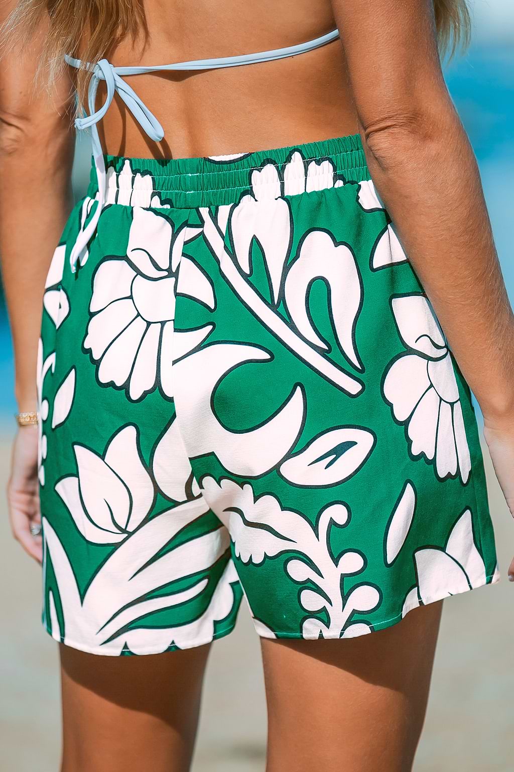 Green Tropical Elastic Waist Shorts