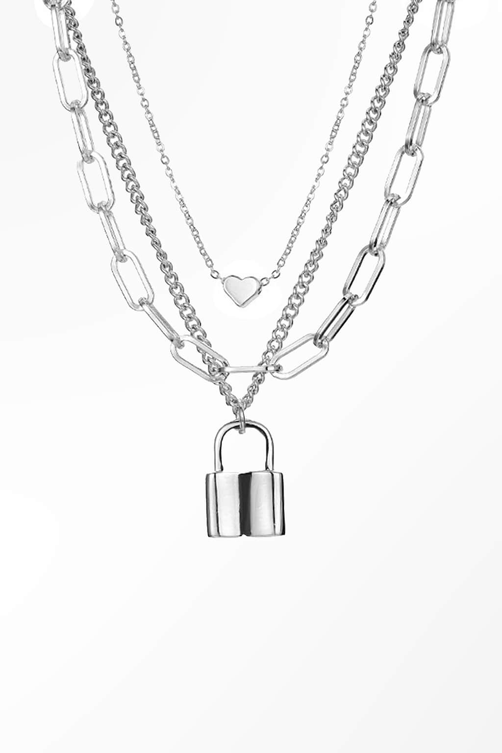 Zilverkleurige kettingset met hart en slot