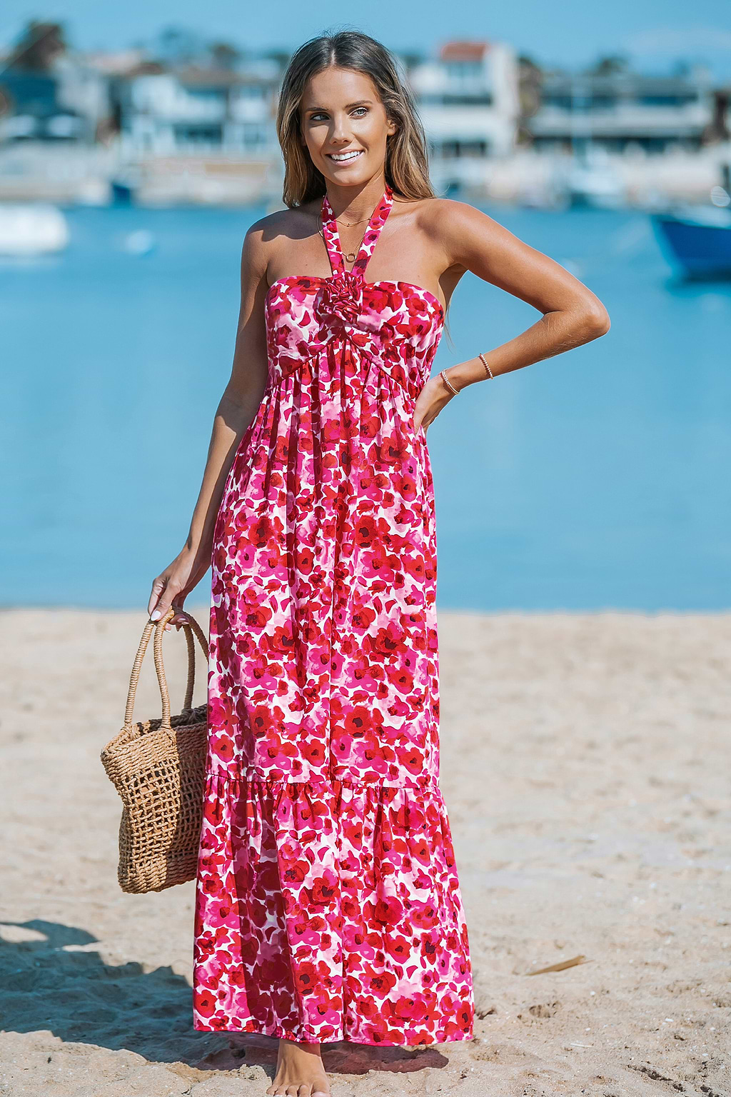 Red Floral Halter Neck Maxi Dress
