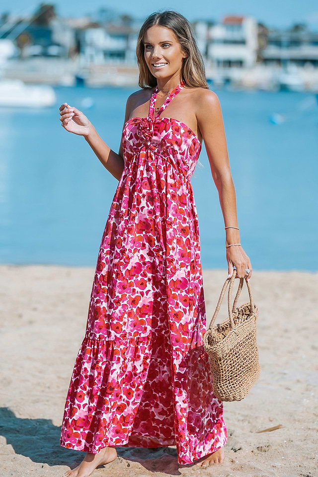 slim fit dress slacks Navy Floral Halter Neck Maxi Dress With Slit main image 0