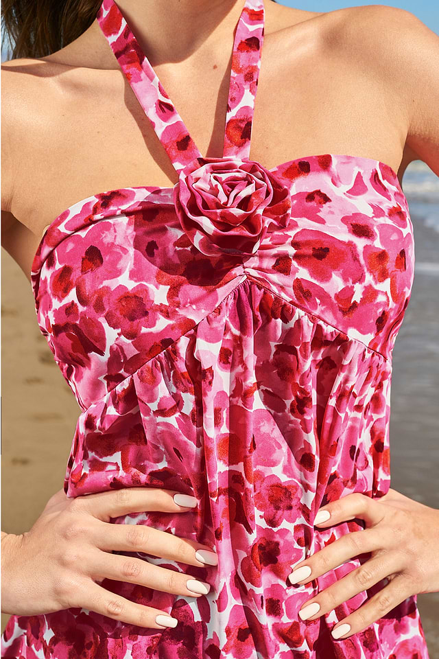 open lace back dress Red Floral Halter Dress – Never Fully Dressed