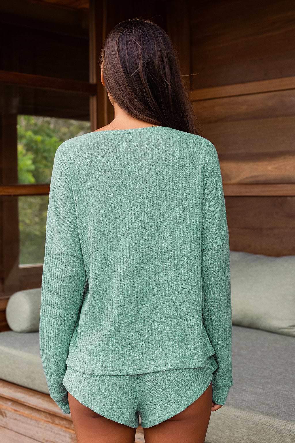 Sage Ribbed Front Button Long Sleeve & Shorts Pajama Set