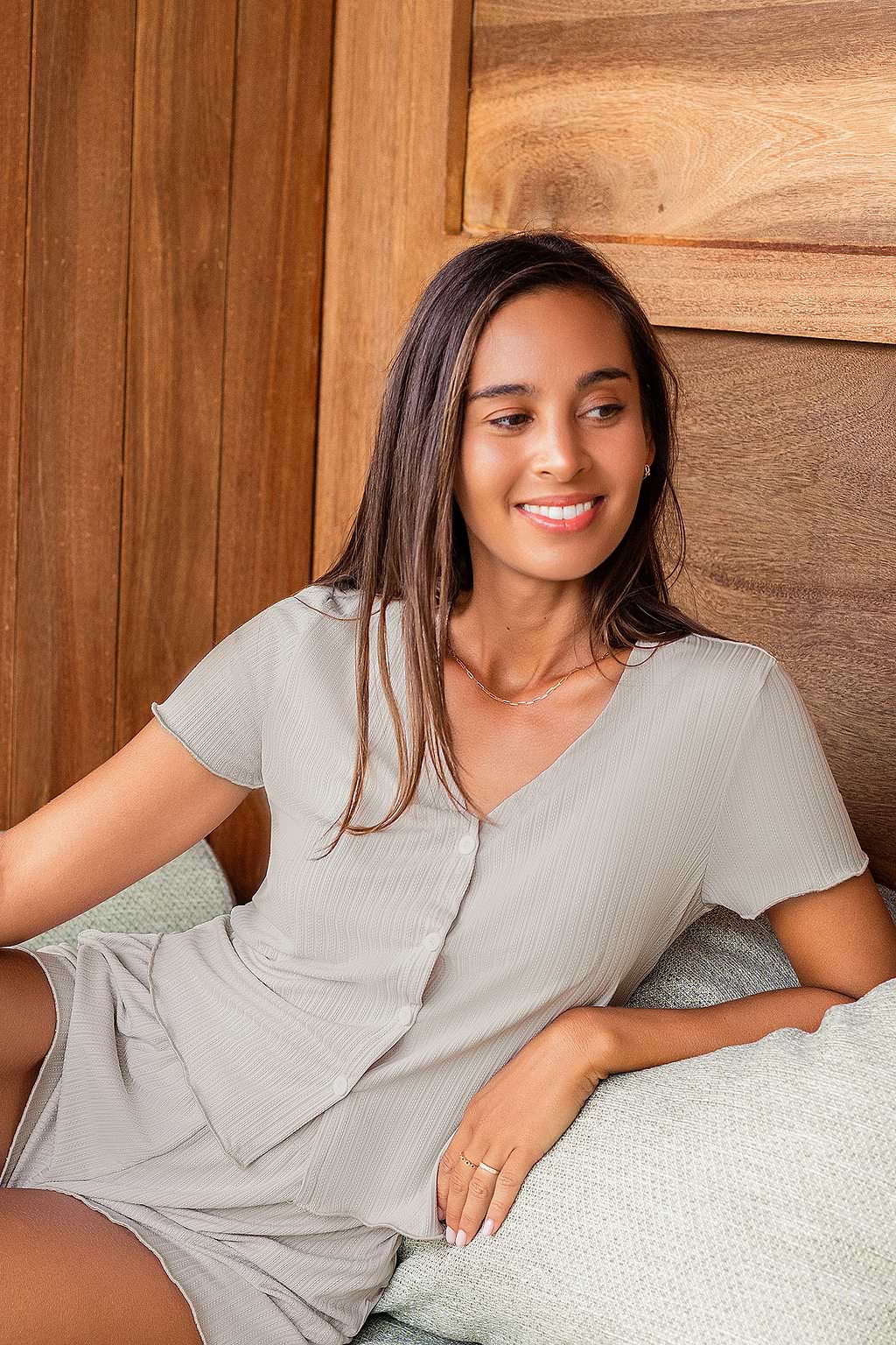 Grey Jersey Front Button Top & Shorts Pajama Set