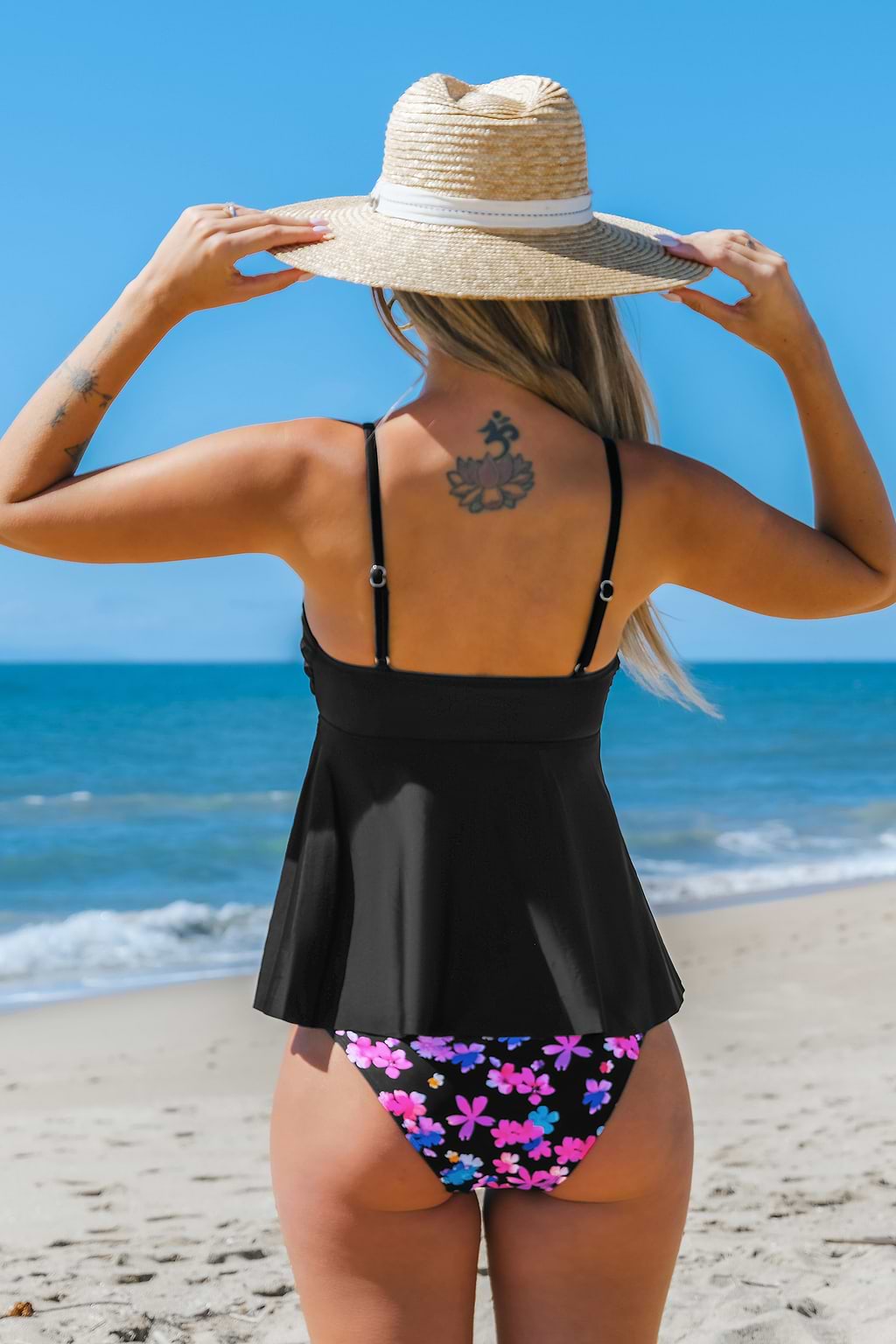 Black Peplum Swim Tank & Standard Floral Bottoms Set