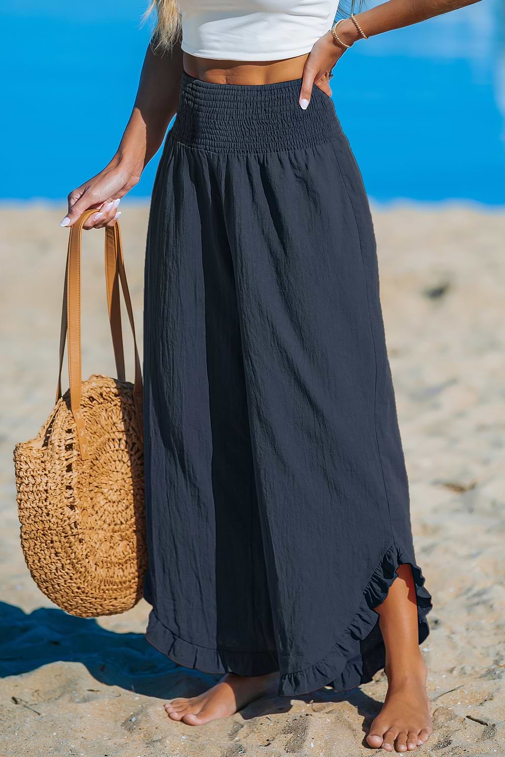 Navy High-Rise Smocked Waist Straight Leg Ruffle Pants