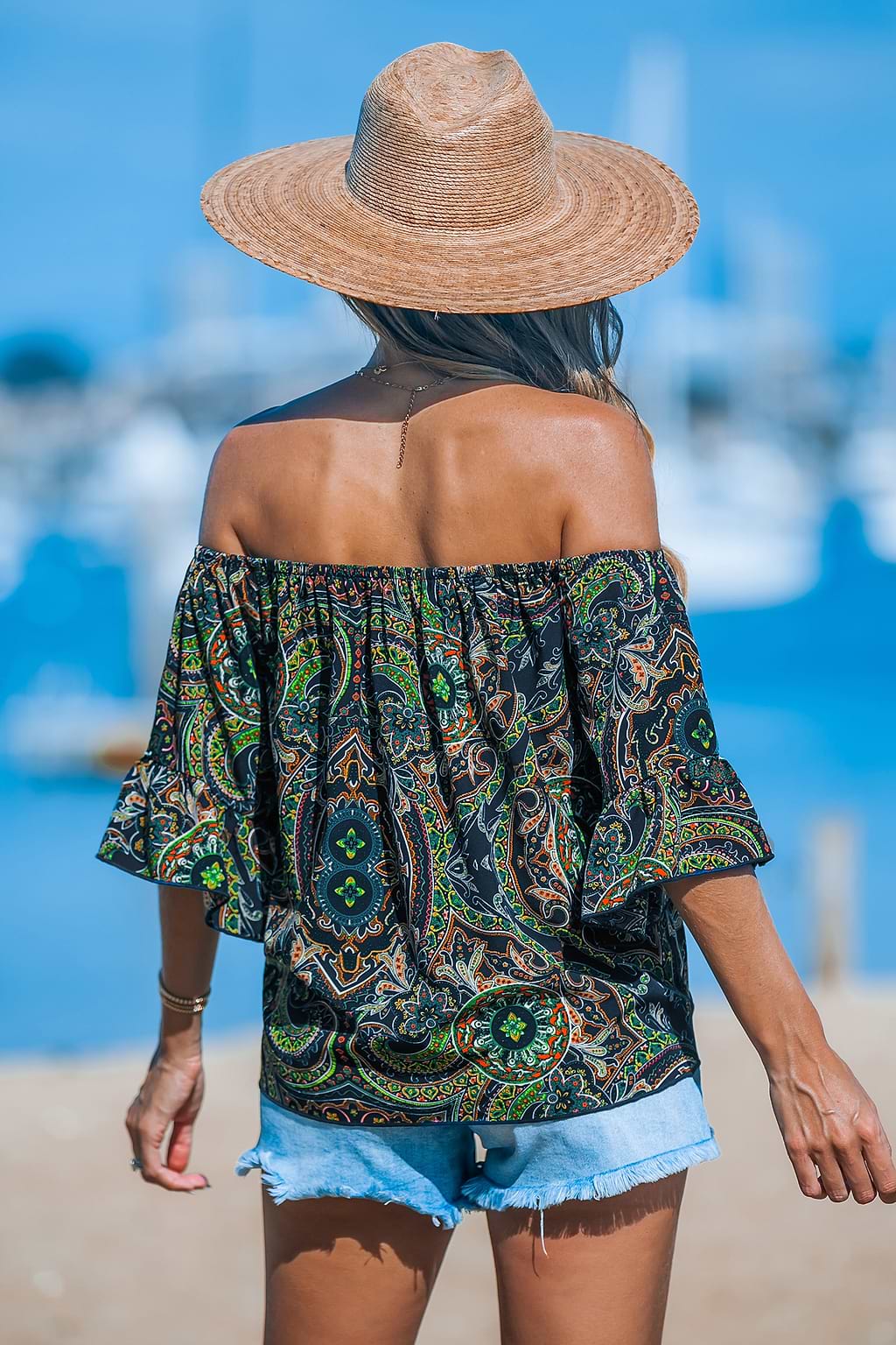 Paisley Off-Shoulder-Bluse mit Bindegürtel