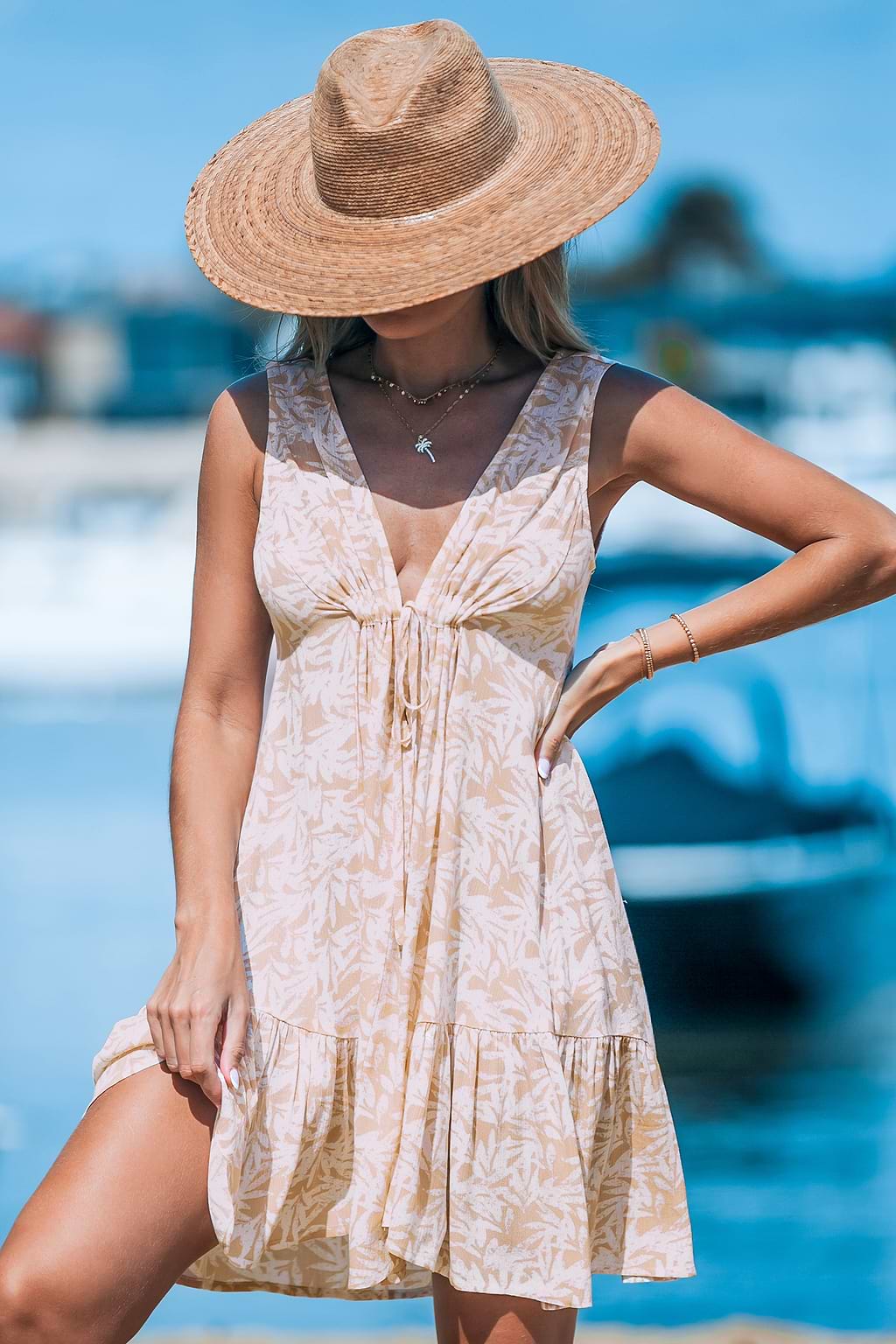 Yellow Palm Leaf Plunging Sleeveless Mini Dress