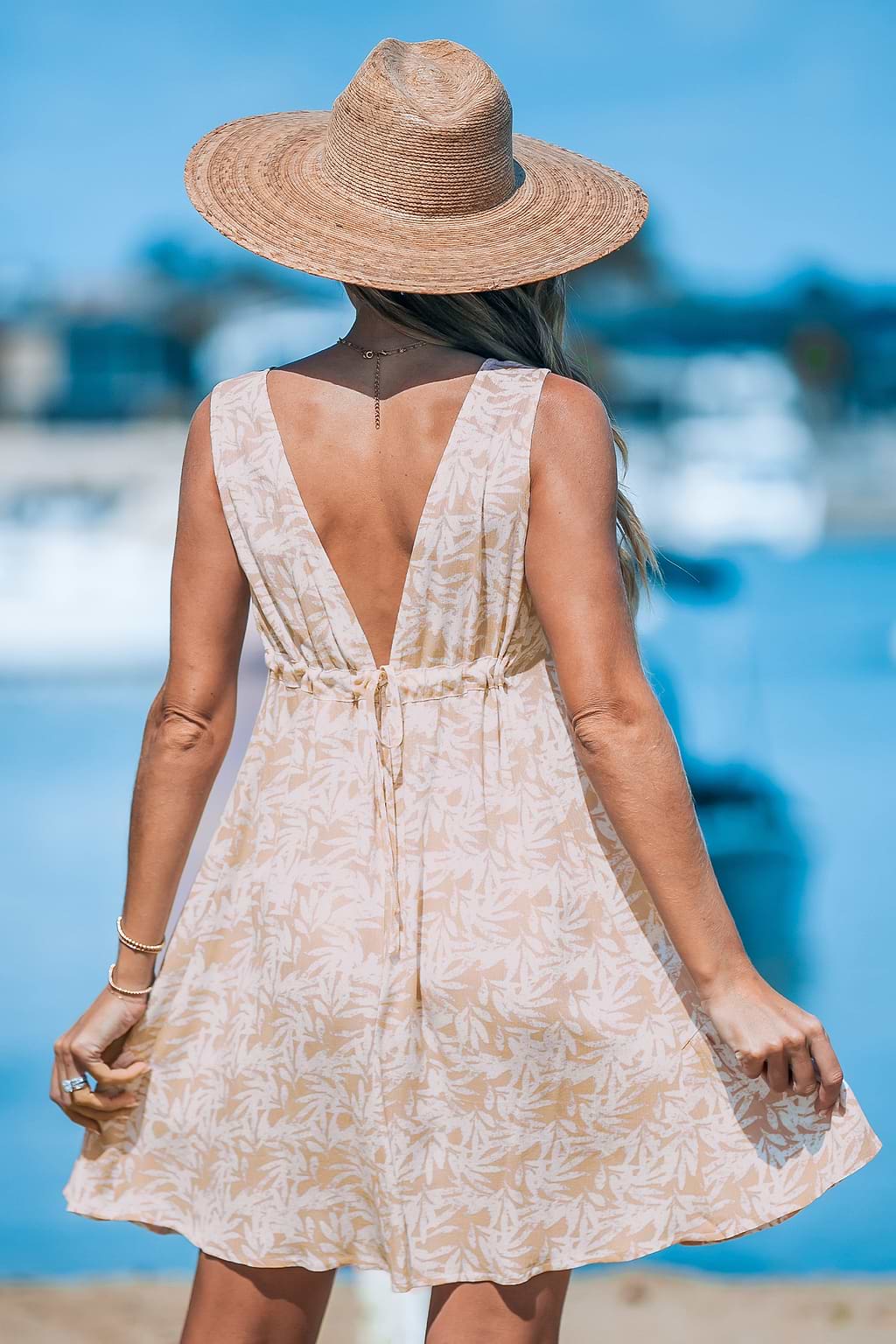 Yellow Palm Leaf Plunging Sleeveless Mini Dress