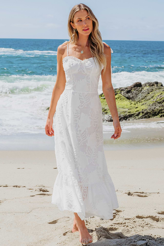 White Sweetheart Tie Shoulder Flounce Hem Maxi Dress