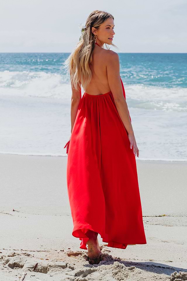 Red O-Ring Halterneck Maxi Dress