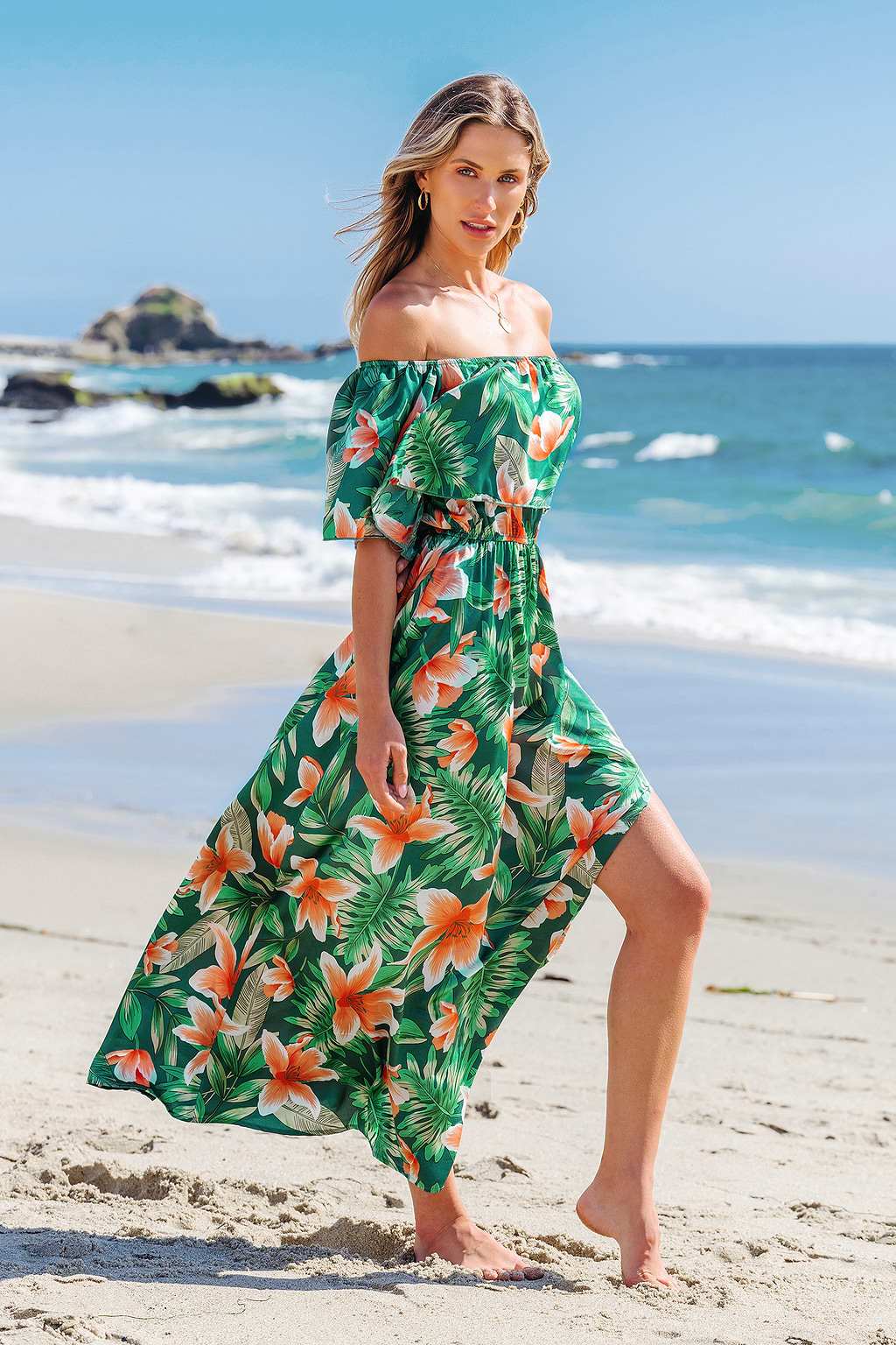 Groen en oranje tropische off-shoulder maxi-jurk met volantslijfje