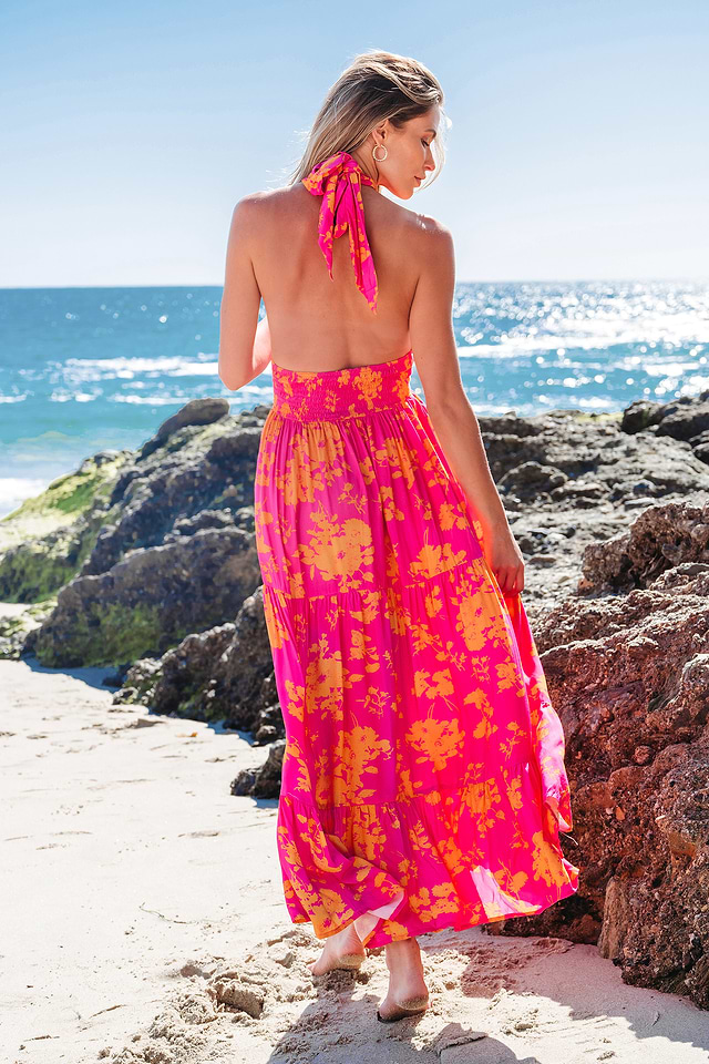 Pink & Orange Floral Crossover Halter Maxi Dress