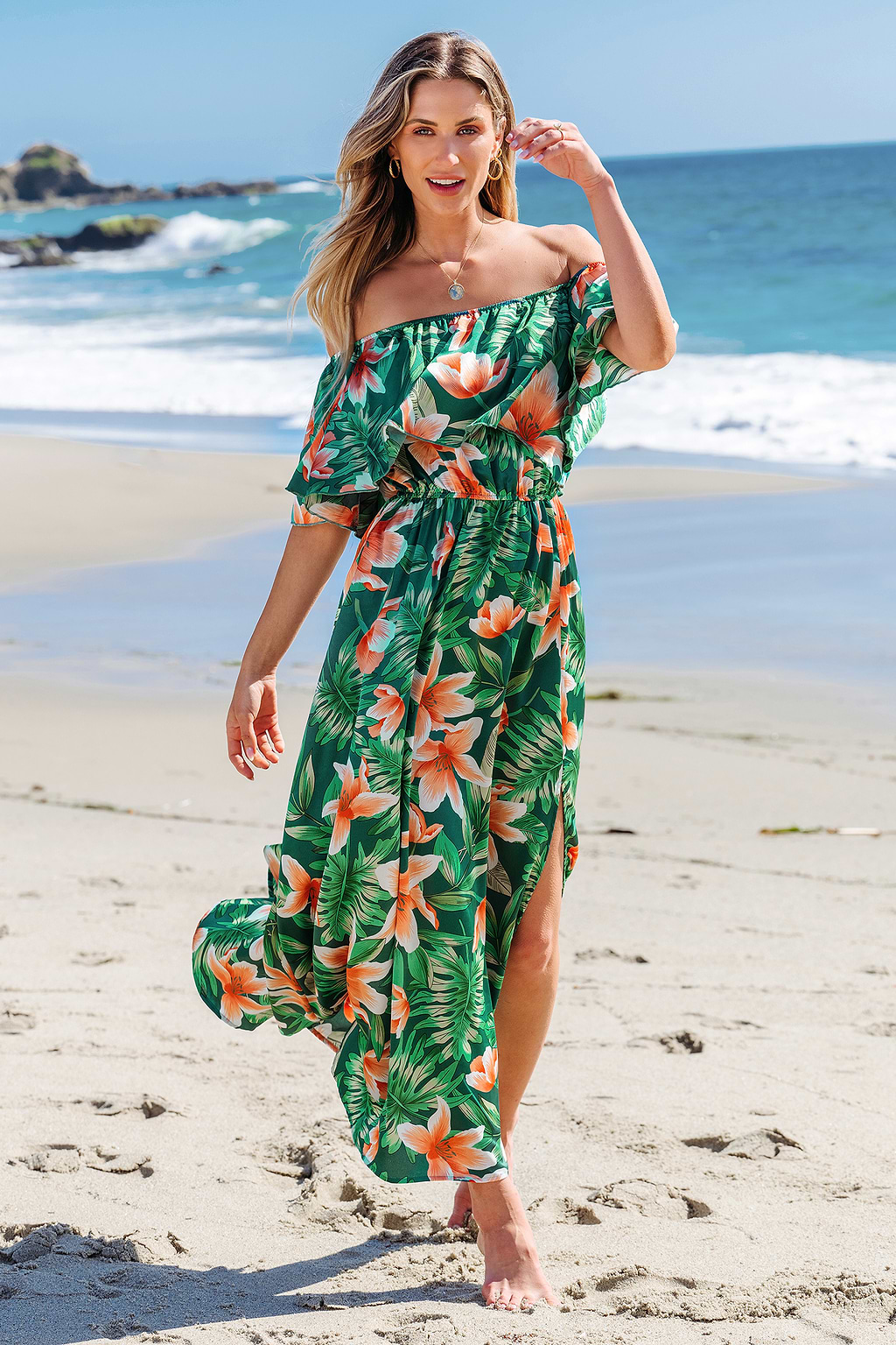 Groen en oranje tropische off-shoulder maxi-jurk met volantslijfje