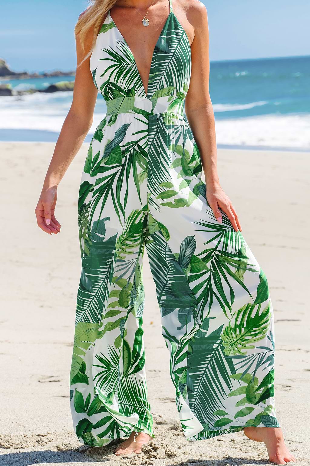Tropical Plunging Sleeveless Wide Leg Jumpsuit