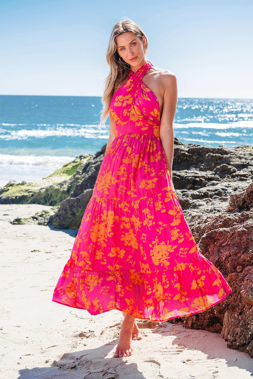 Pink & Orange Floral Crossover Halter Maxi Dress