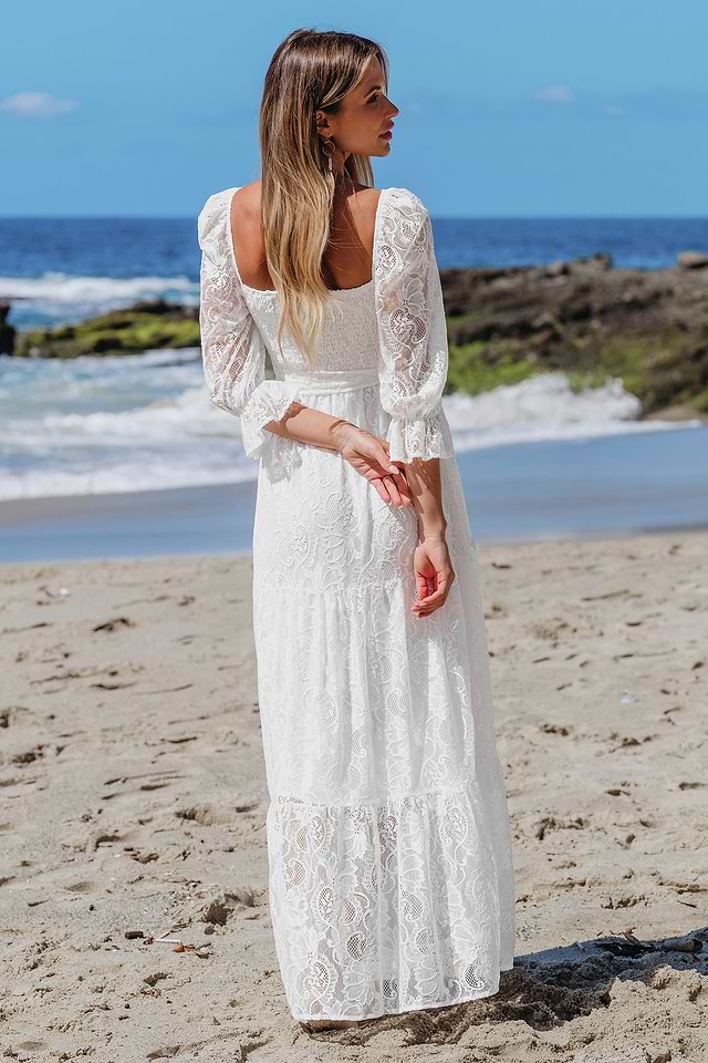 White Lace Square Neck Poets Sleeve Maxi Dress