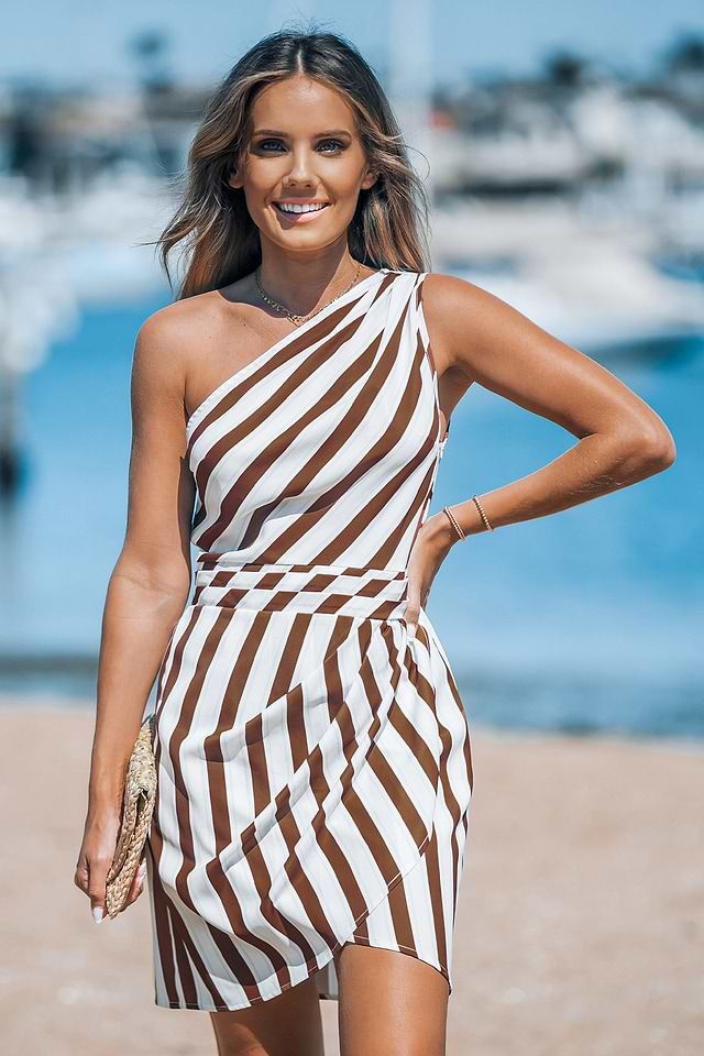blue and white striped one shoulder dress Bishop + Young