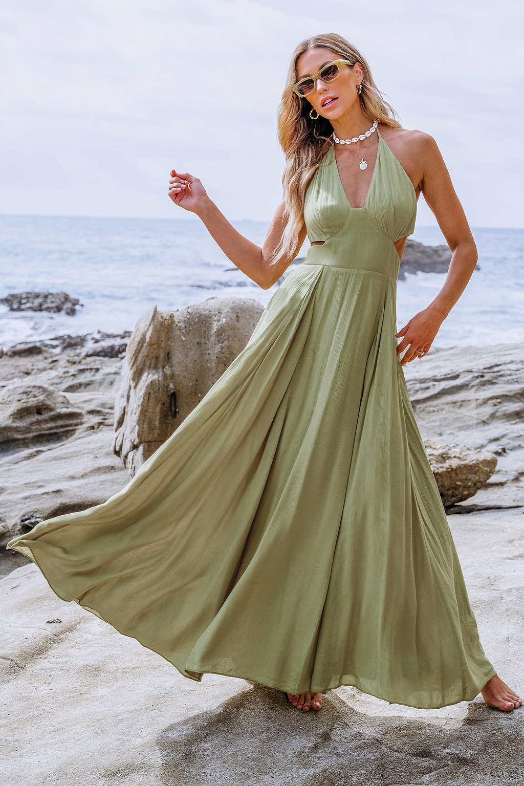 Sage Plunging Halter Cutout Maxi Dress