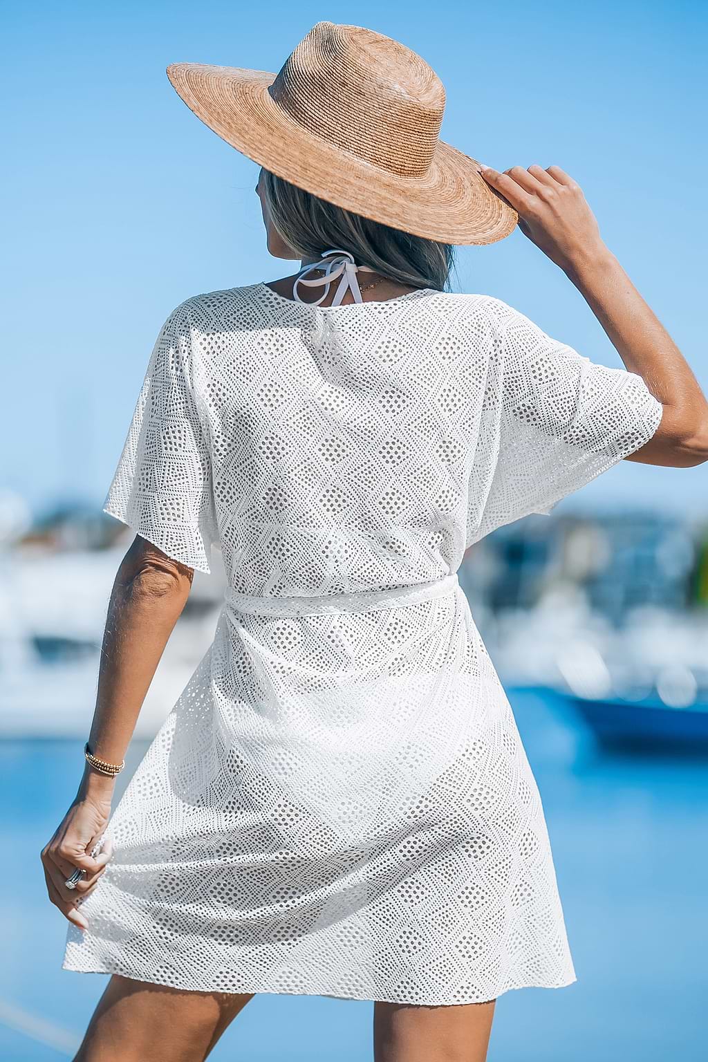 White Crochet Short Sleeve Waist Tie Cover-Up Dress