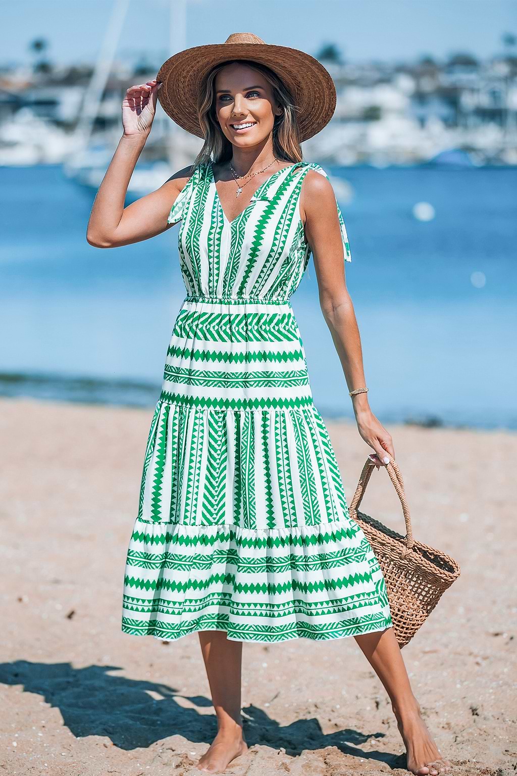 Green & White Geo Stripe Shoulder Tie Midi Dress
