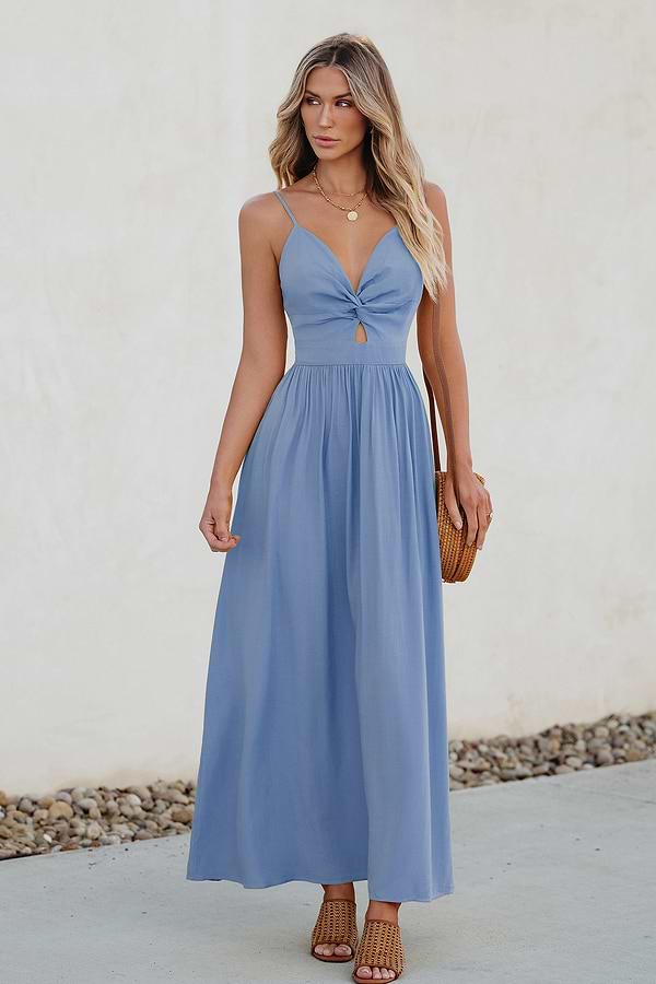 Blue Front Twist & Keyhole Maxi Dress