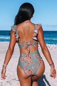 Floral Flutter Lace-Up Back One-Piece