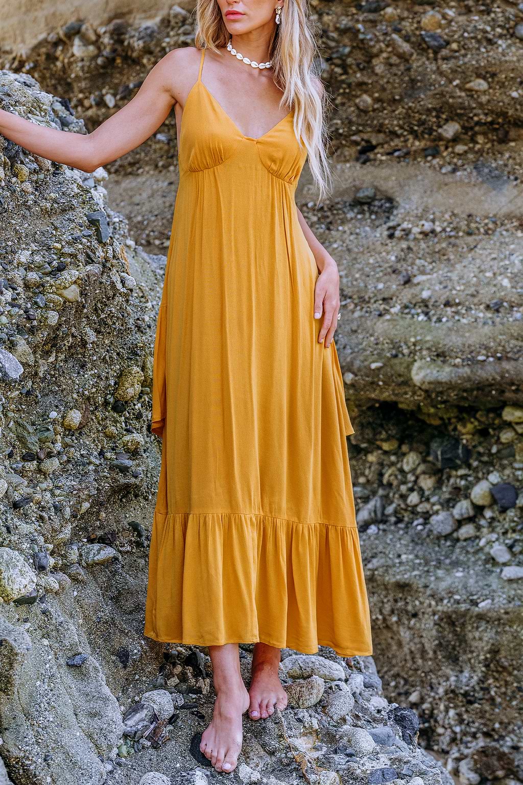 Mustard Sleeveless V-Neck Flounce Hem Maxi Dress