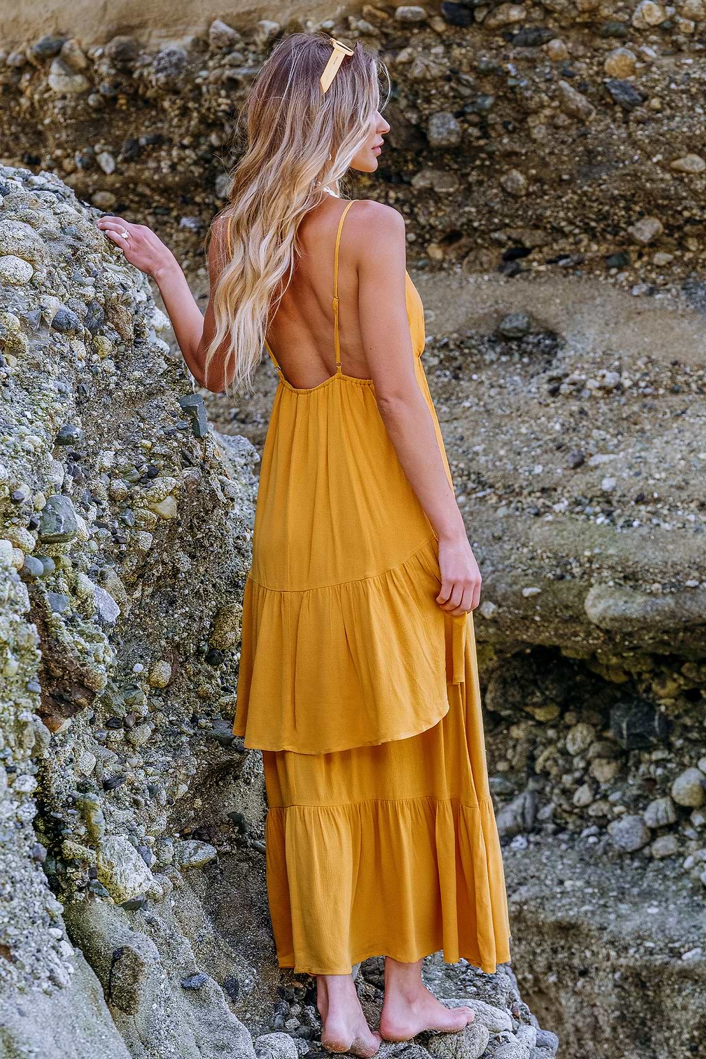 Mustard Sleeveless V-Neck Flounce Hem Maxi Dress