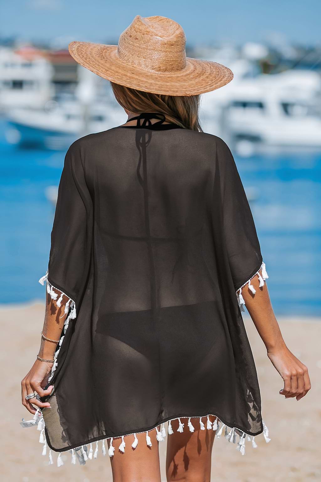 Sheer Black & White Lace Tassel Trim Cover-Up