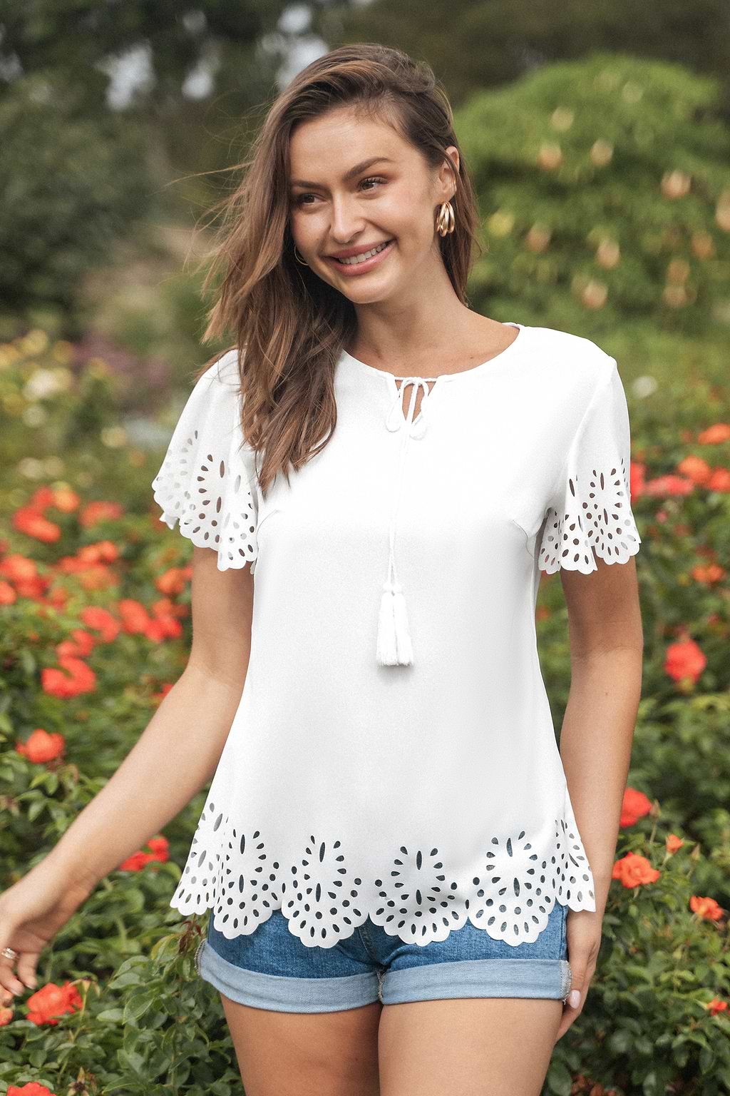 White Round Neck Tassel Tie Tee