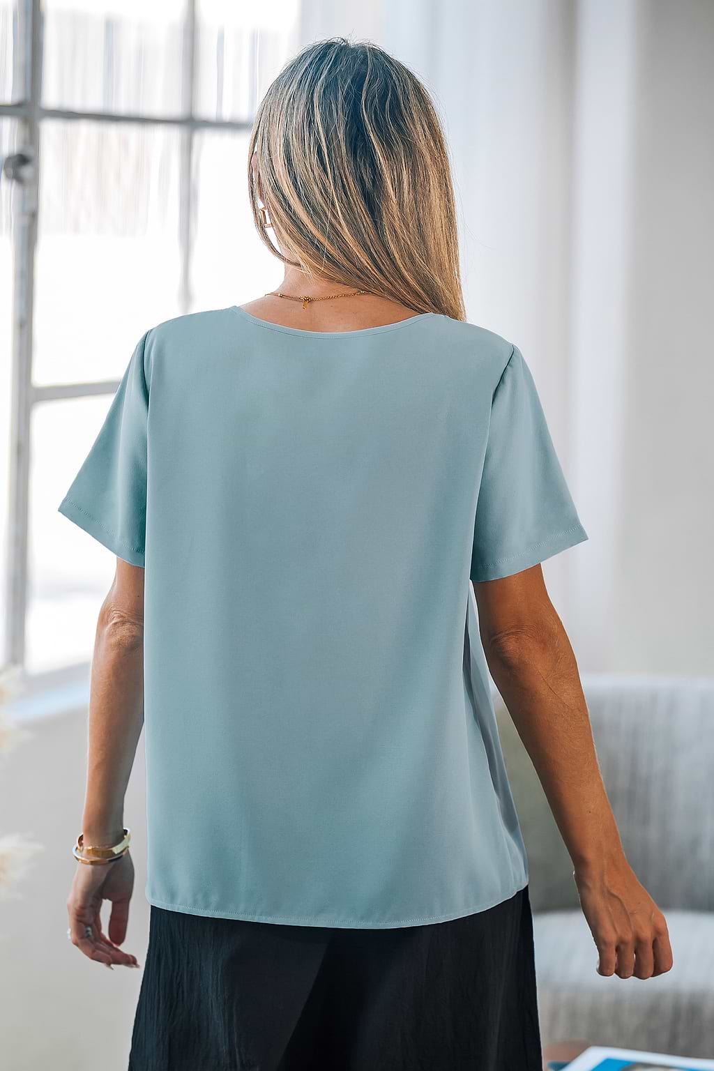 Blue Cut-Out Short Sleeve Top