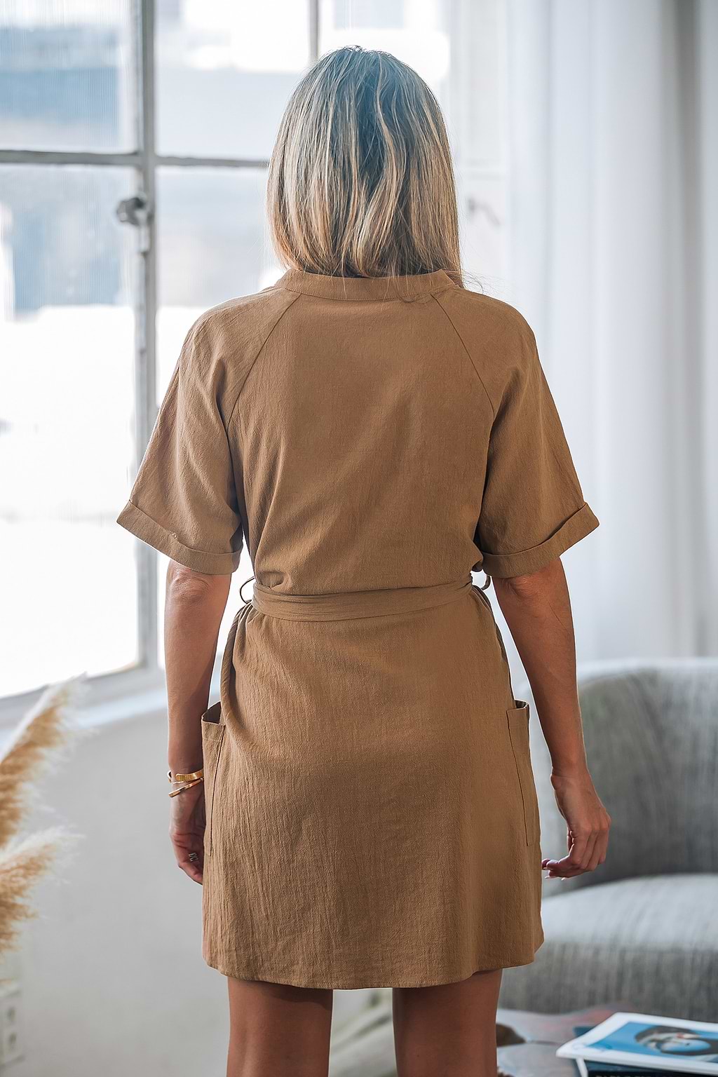 Brown V-Neck Belted Short Sleeve Dress