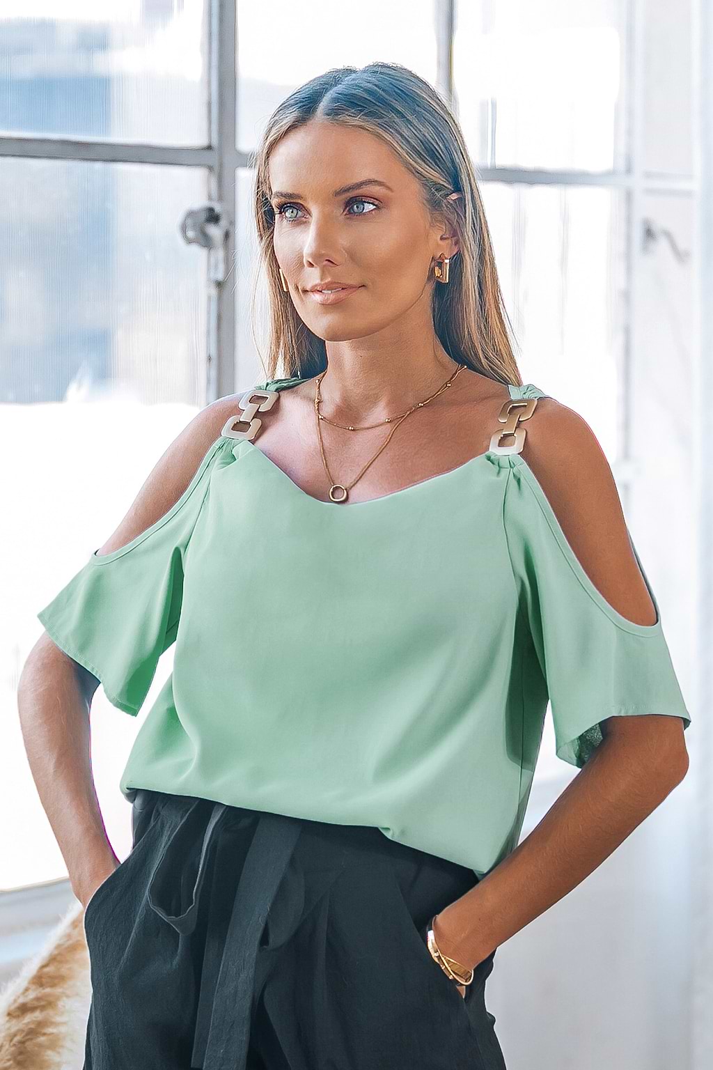 Green Round Neck Off-Shoulder Top