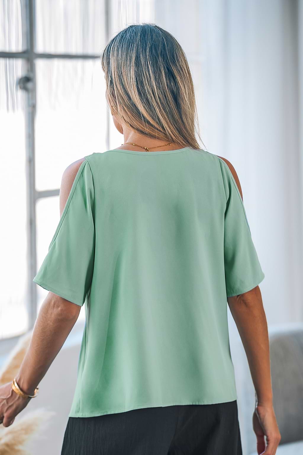 Green Round Neck Off-Shoulder Top