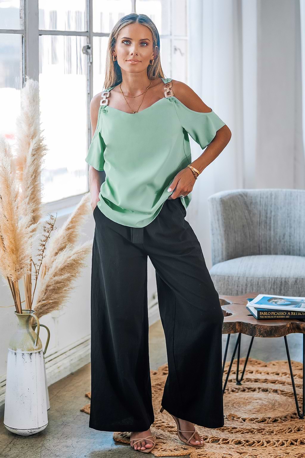 Green Round Neck Off-Shoulder Top