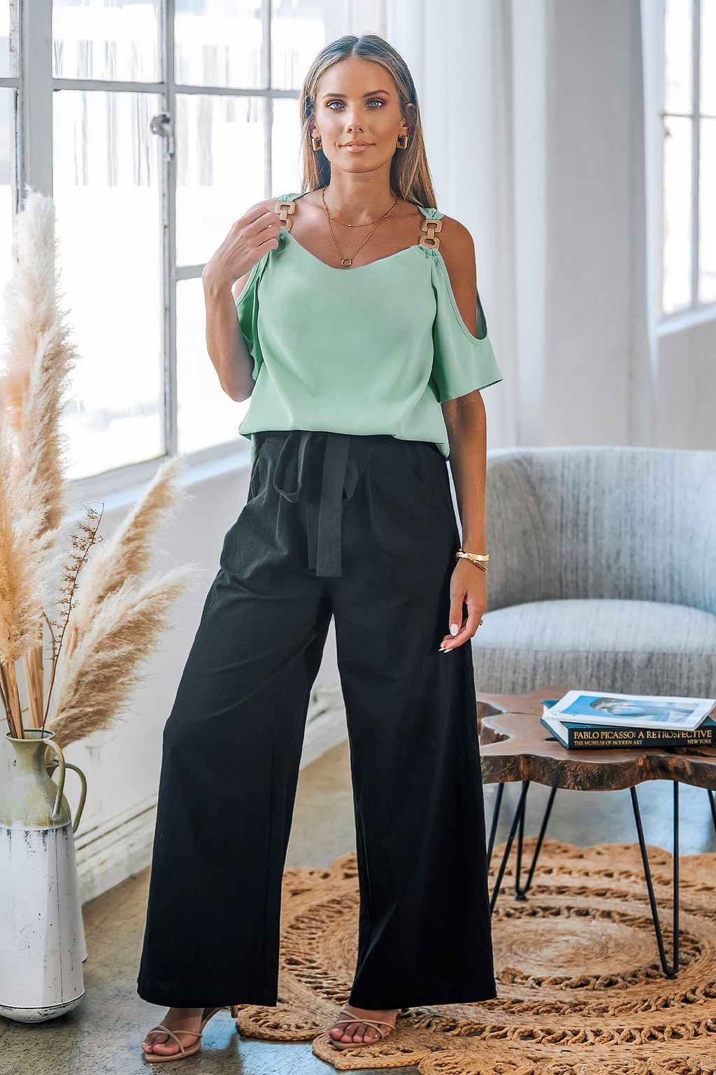 Green Round Neck Off-Shoulder Top