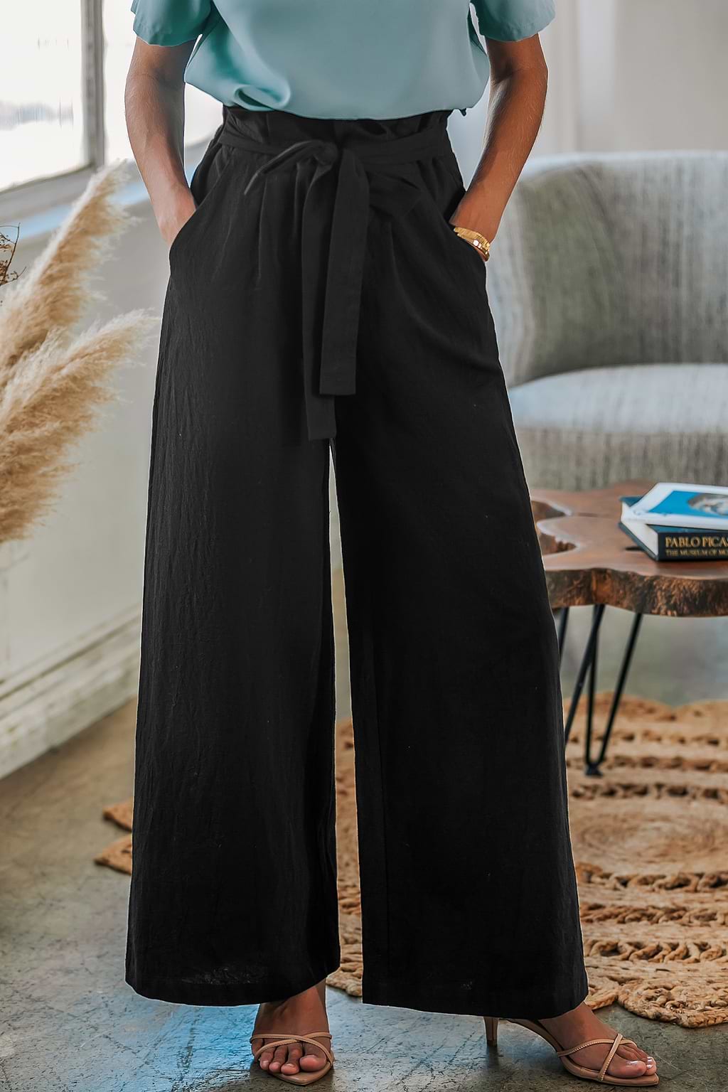 Reine Baumwolle Schwarze Taschenhose mit weitem Bein