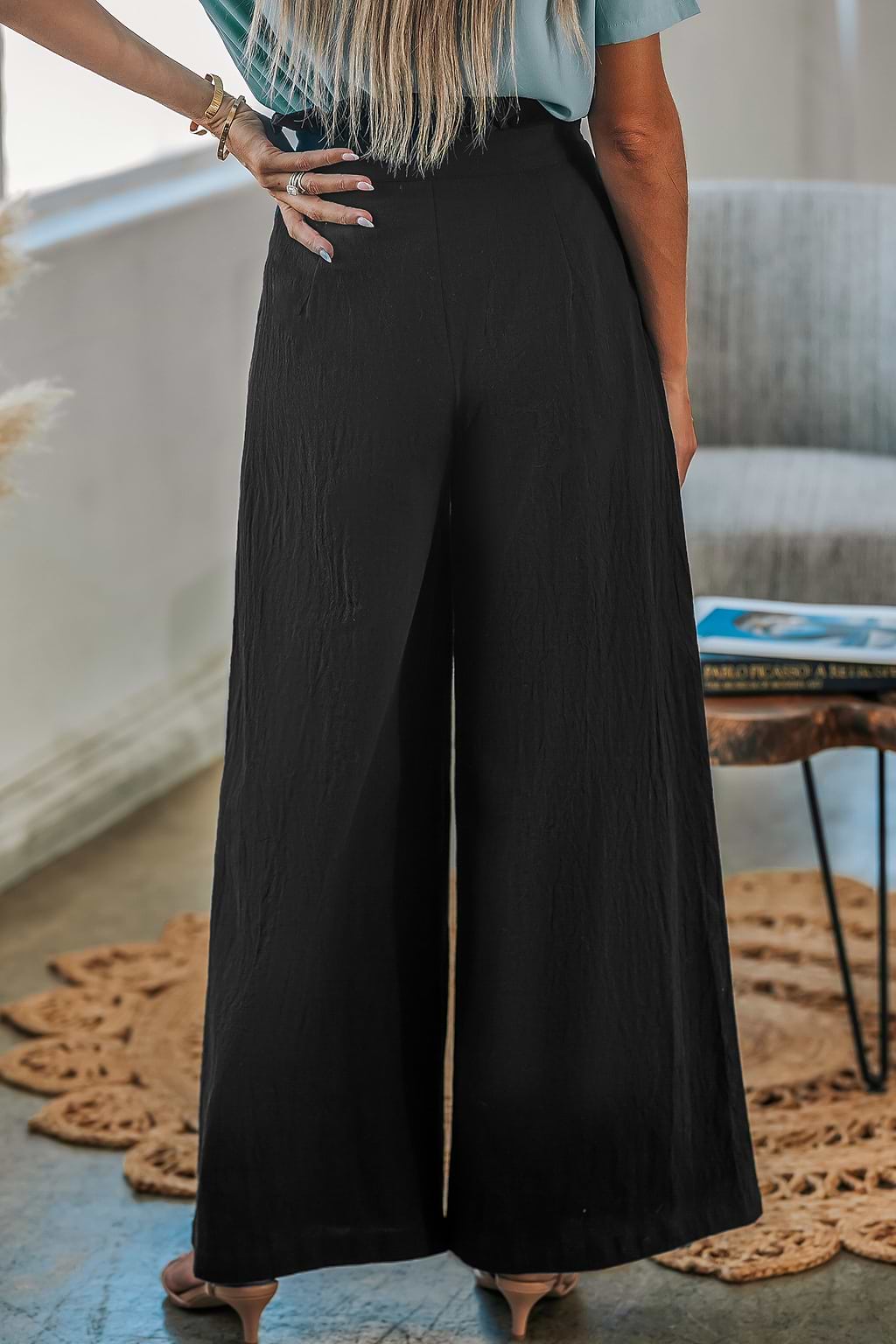 Reine Baumwolle Schwarze Taschenhose mit weitem Bein