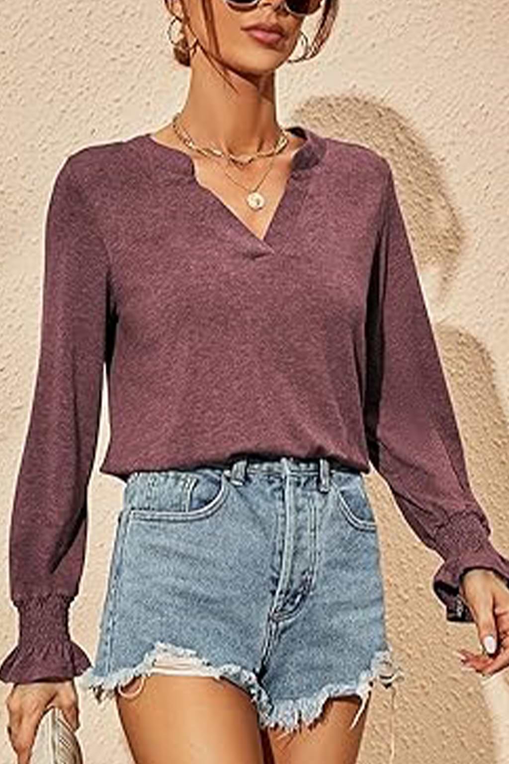 Red V-Neck Bishop Sleeve Top