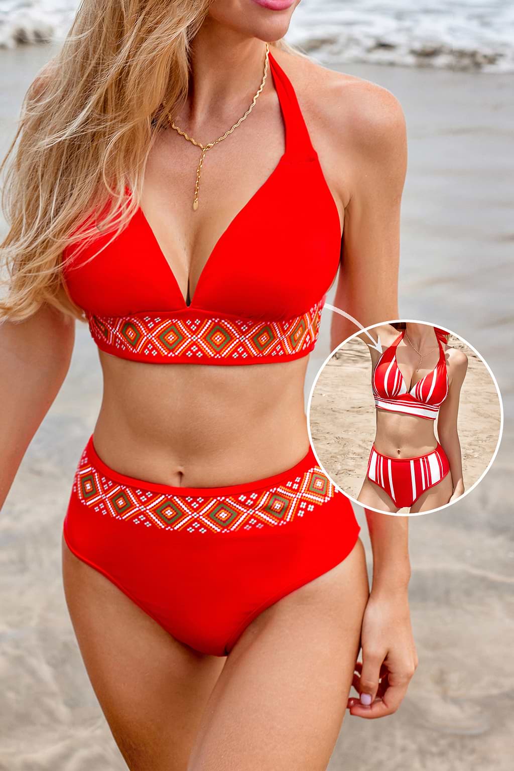 Rotes Neckholder-Bikinioberteil und Cheeky Bikinihose