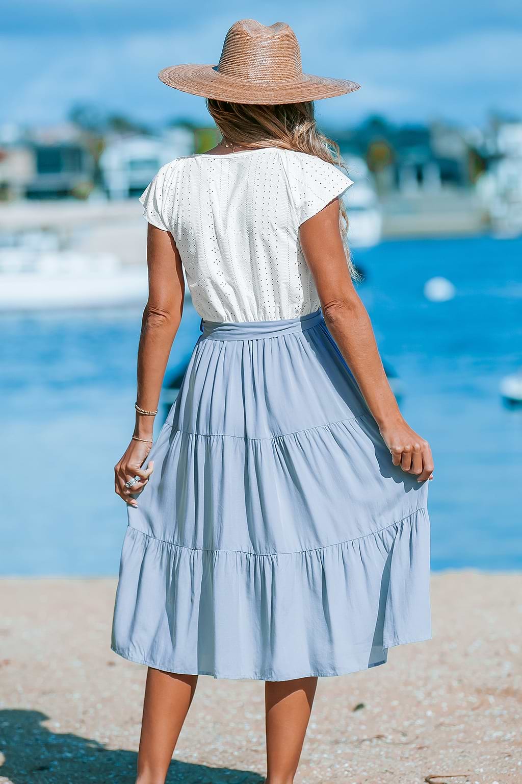 Short Sleeve White Tee & Light Blue Skirt Midi Dress