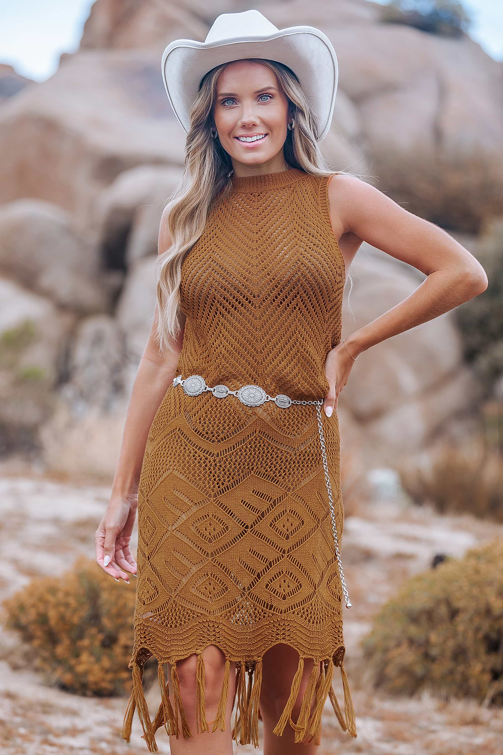 Reine Baumwolle Ärmelloses Mini-Häkelkleid mit Quastensaum