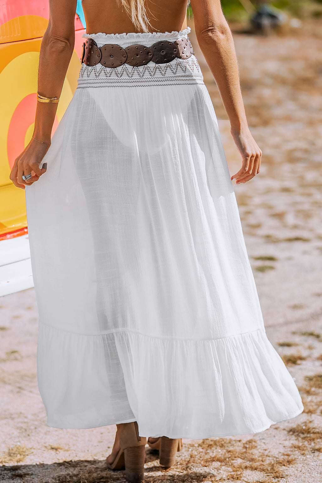 White Smocked Waist Flounce Hem Cover-Up Maxi Skirt
