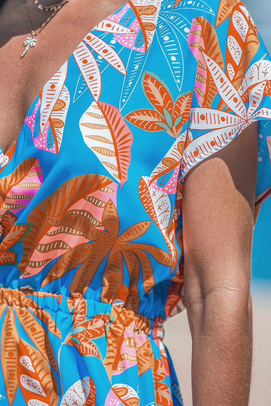 Blue Tropical V-Neck Dolman Sleeve Mini Cover-Up