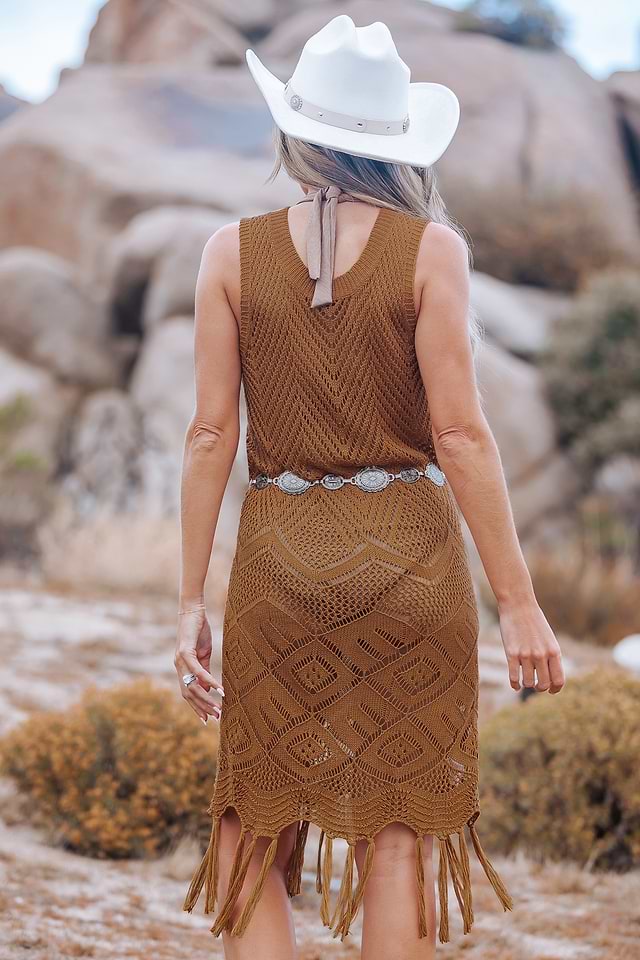 brown crochet cover up dress Tassel Hem Sleeveless Mini Crochet Cover-Up Dress